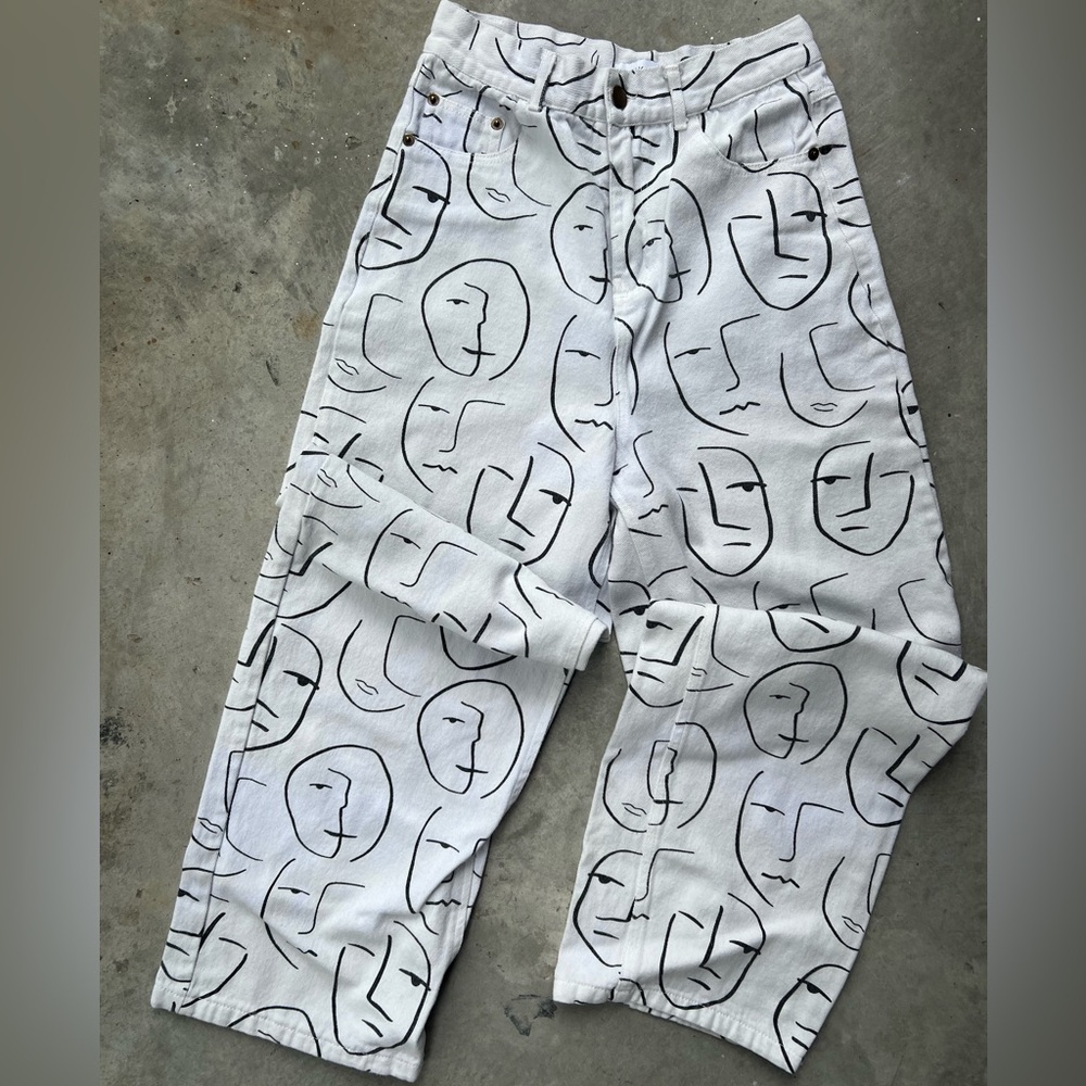 Face print art gallery date white high waisted printed denim jean boot cut pant